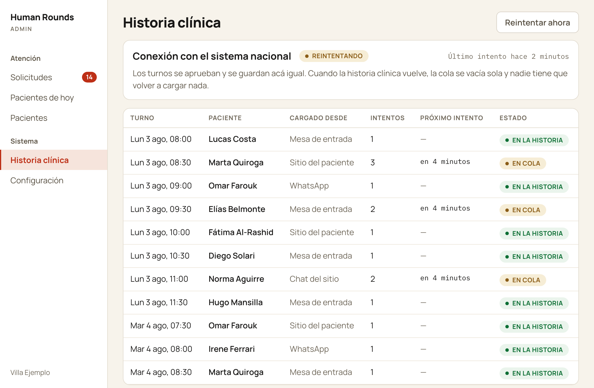 The health-record queue showing retries in progress