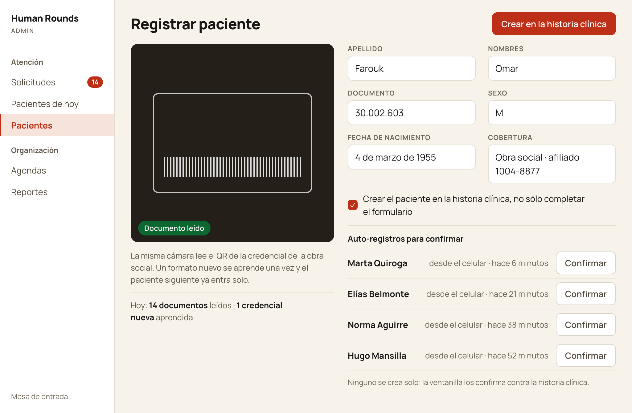 The reception desk registration screen with a scanned document